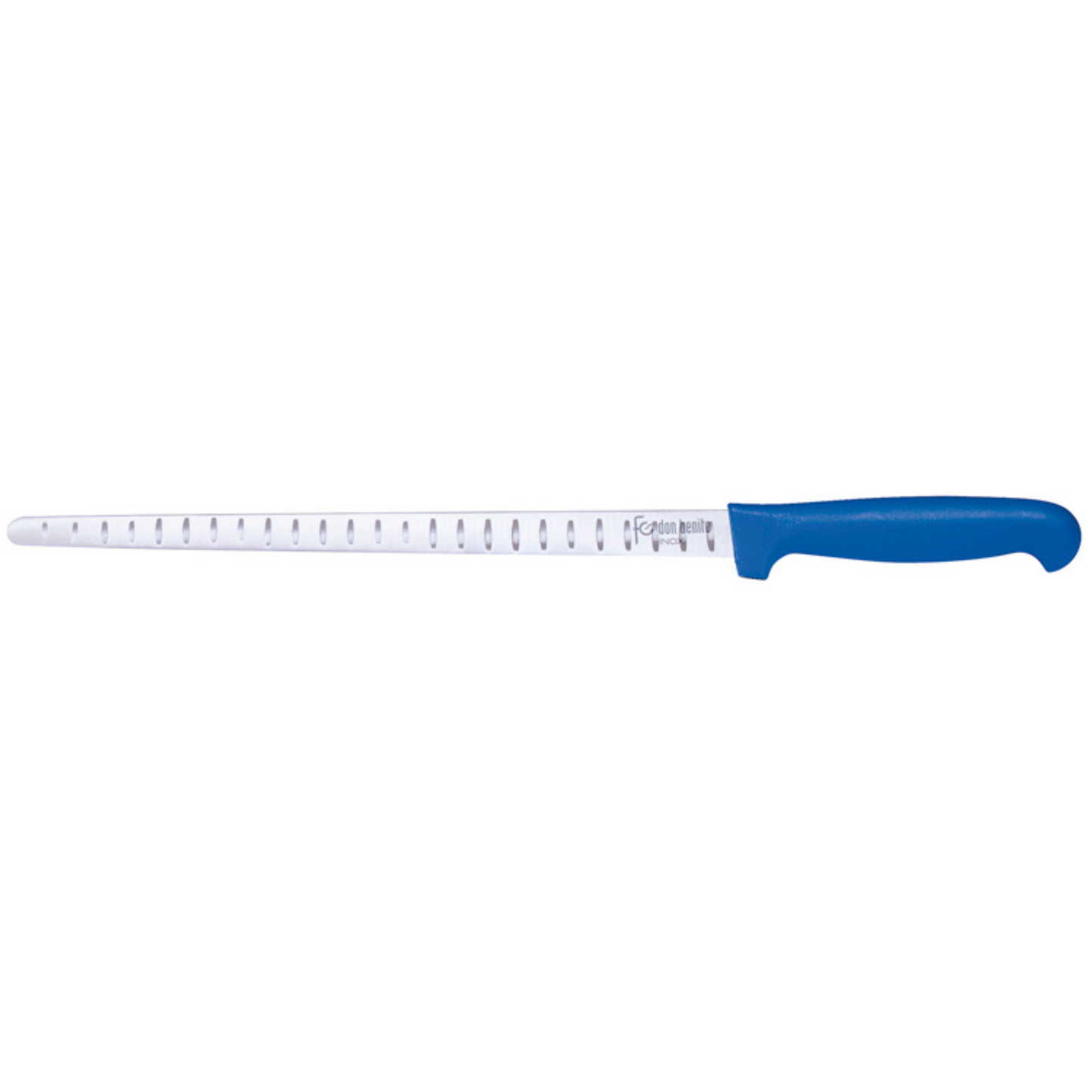 Ham knife with blue handle with alveoli