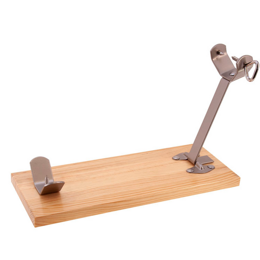 Foldable stainless steel ham holder with wooden base