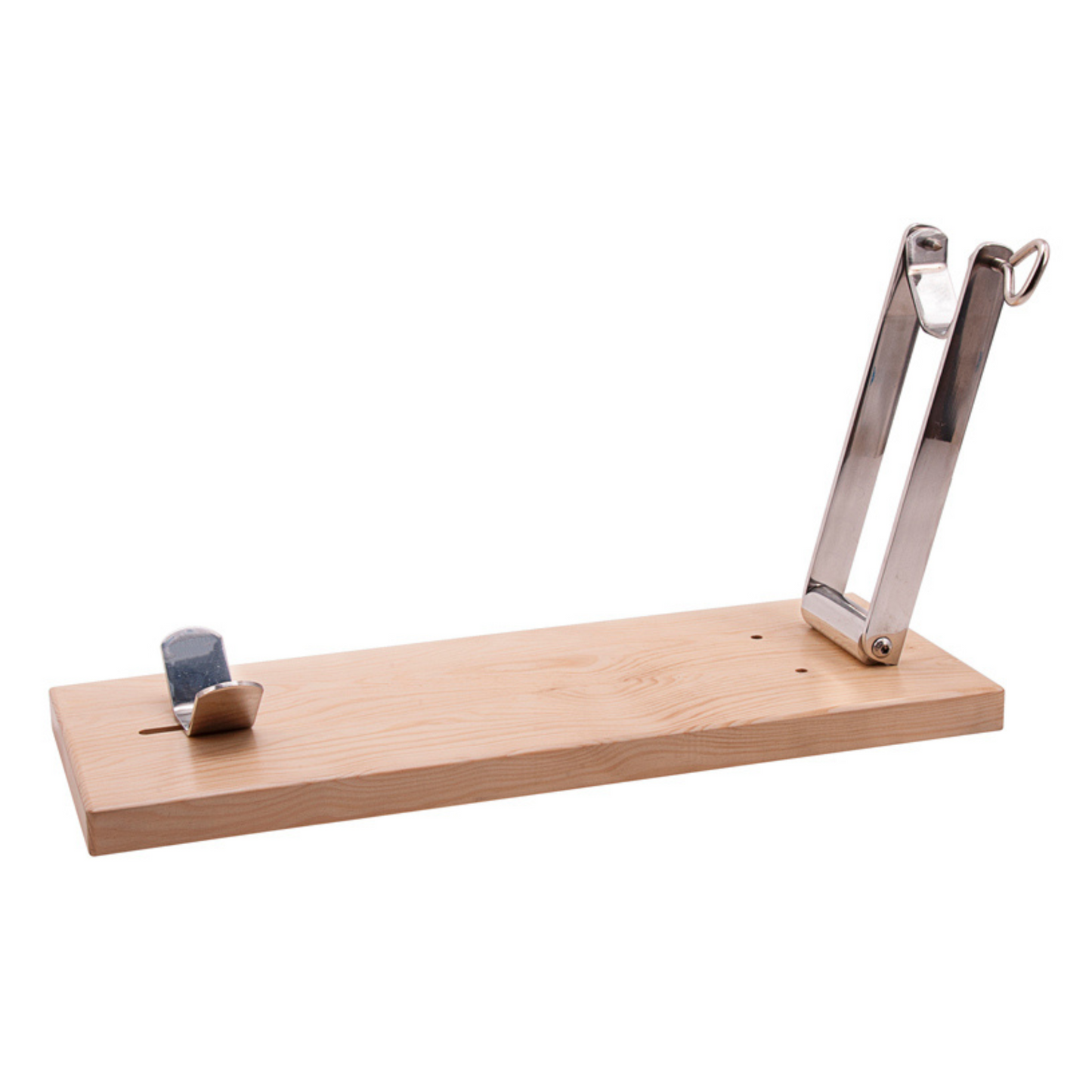 Foldable and adaptable stainless steel ham holder with wooden base