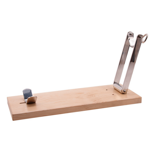 Foldable and adaptable stainless steel ham holder with wooden base